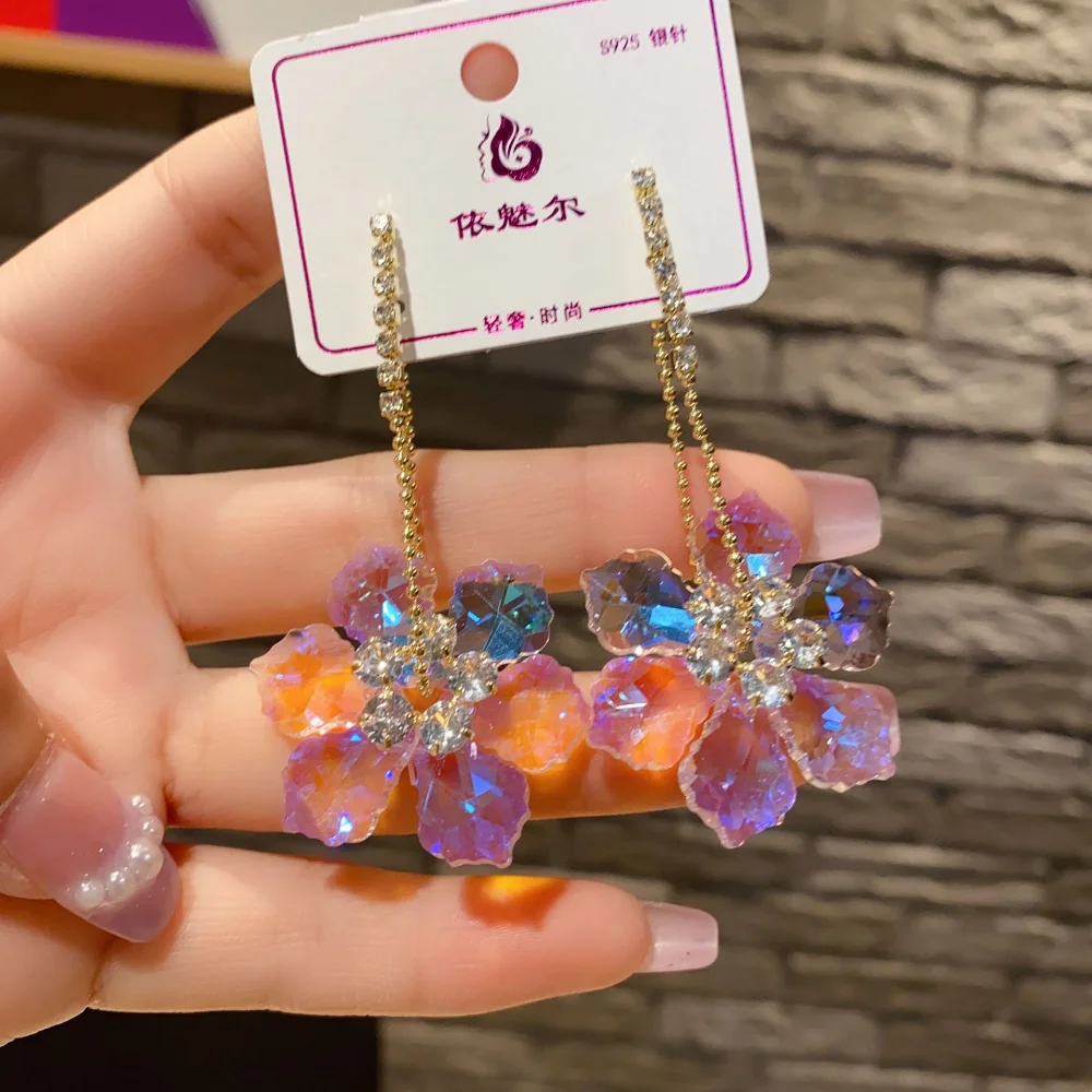 2024 New Colorful Purple Flower Crystal ciondola gli orecchini pendenti per le donne Trend corea Fashion Luxury Wedding Party Banquet Jewelry