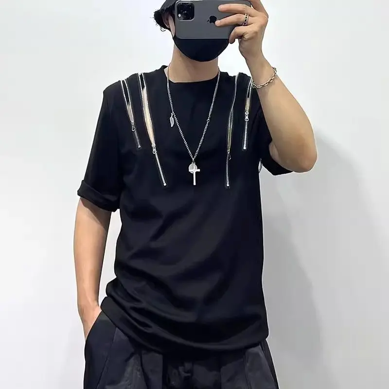 Summer Irregular Zipper Short Sleeve O Neck Men T Shirts Fashion Personality Popular 2xl Oversized Work Clothes Tops Black White