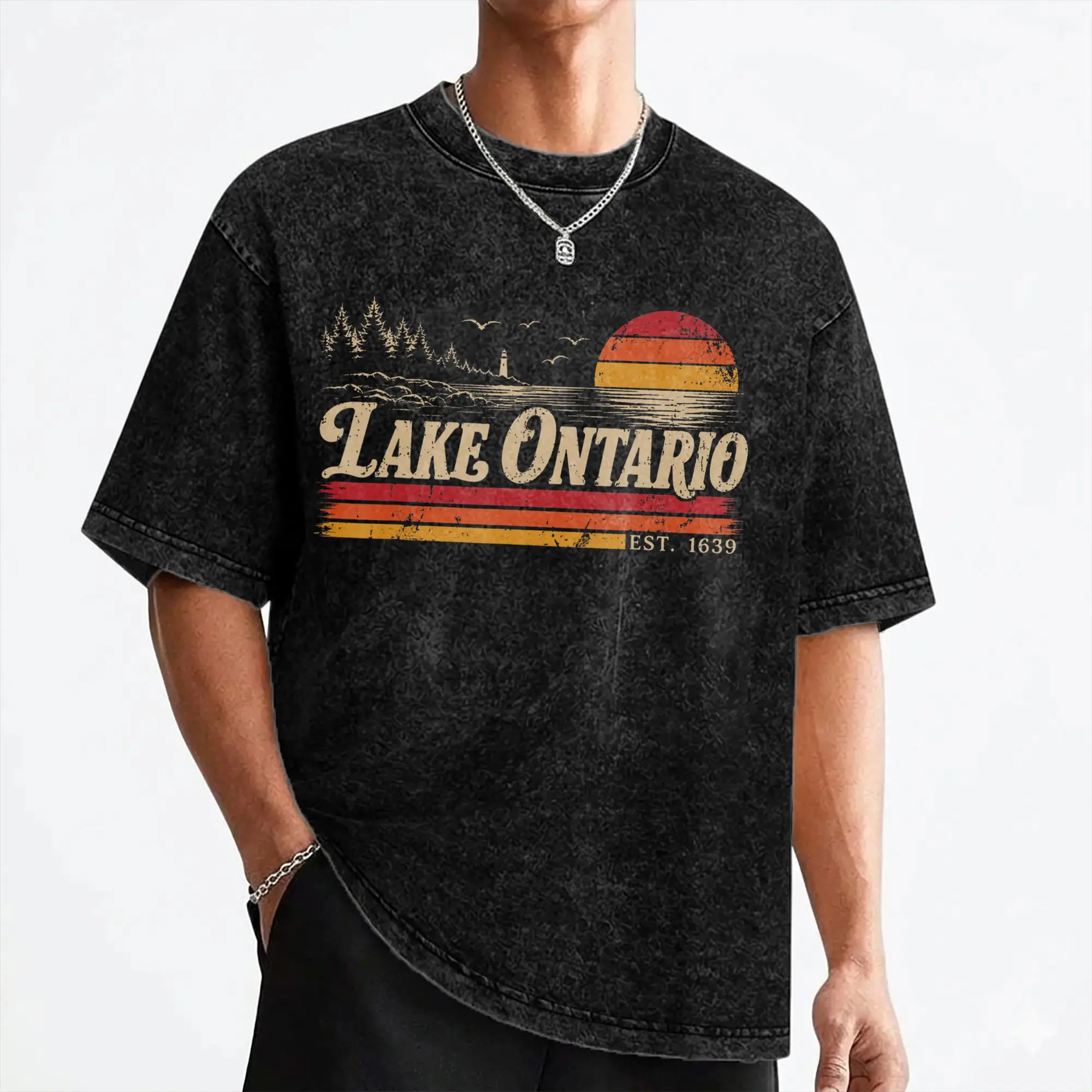 Washed T Shirt Lake Ontario Vintage Cannada Retro Sunset Great Lake Hip Hop T-Shirt Oversize  Streetwear Printed Tees for Men