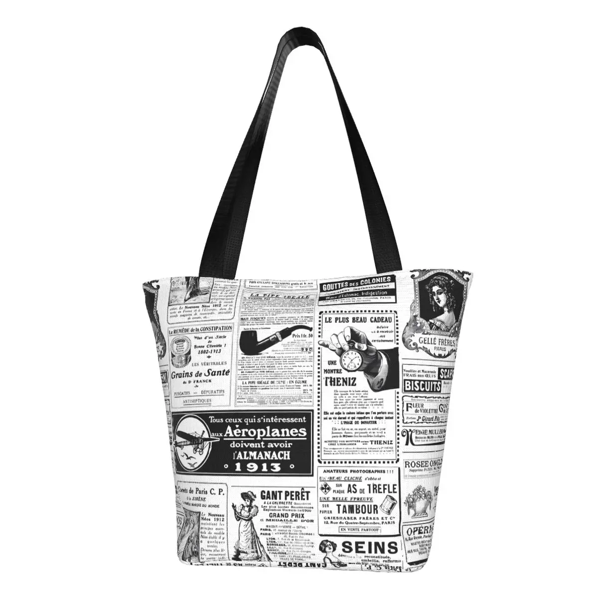 

Victorian Newspaper Shopper Bag Black White Letter Graphic Shopping Bags Women Aesthetic Tote Bag Cloth Outdoor Student Handbags