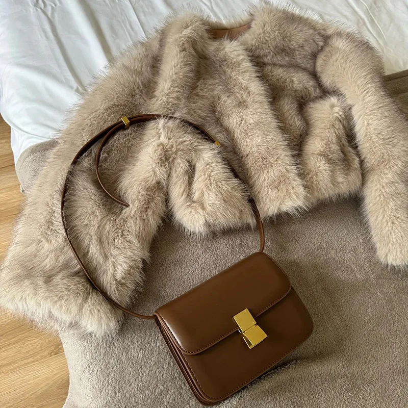 Women Faux Fox Fur Coats Casual Jackets color tipped O Neck Long Sleeves Open Stitch Loose Office Lady Street Wear 2025 Winter