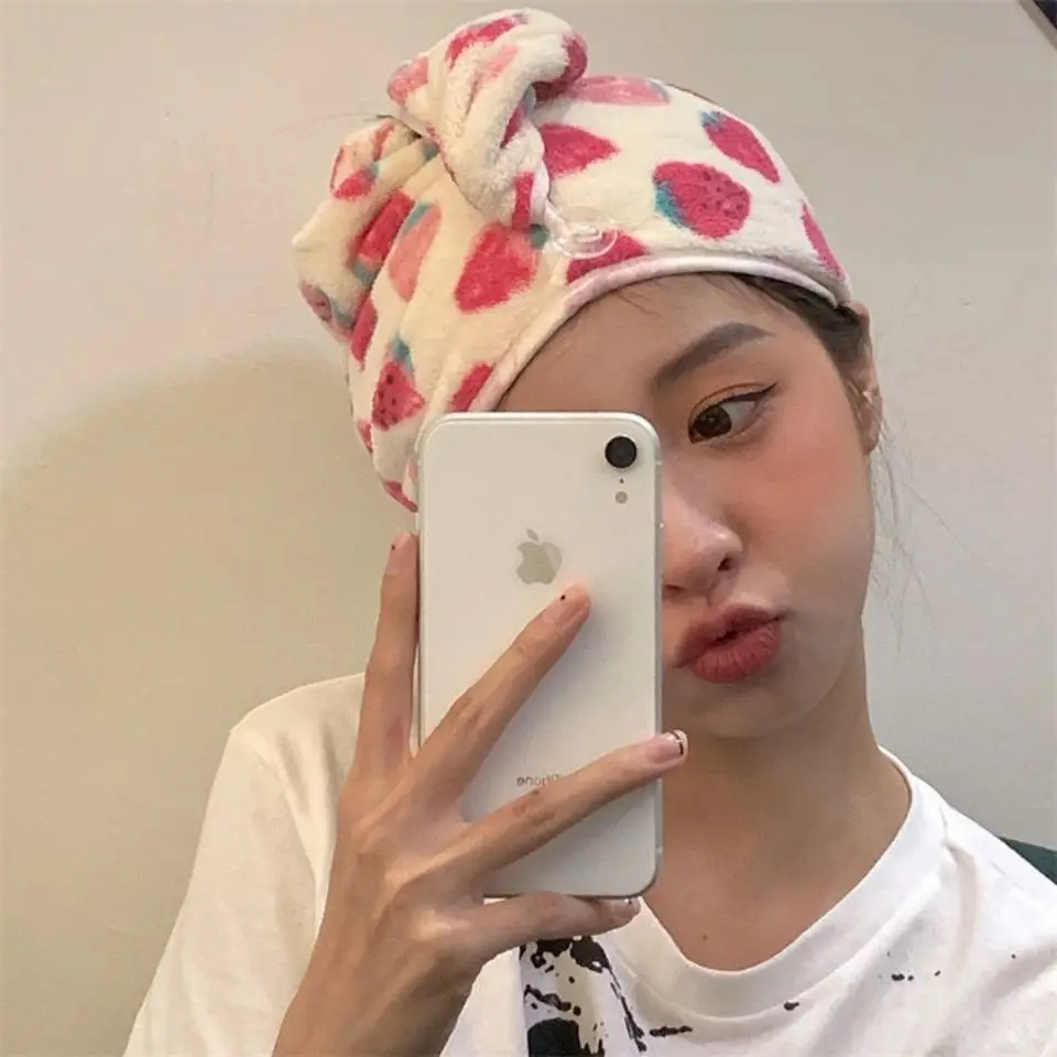 Cute Strawberry Print Hair Towels Microfiber Water Absorbent Coral Fleece Quick Drying Soft  Cap Students Dormitory Turban