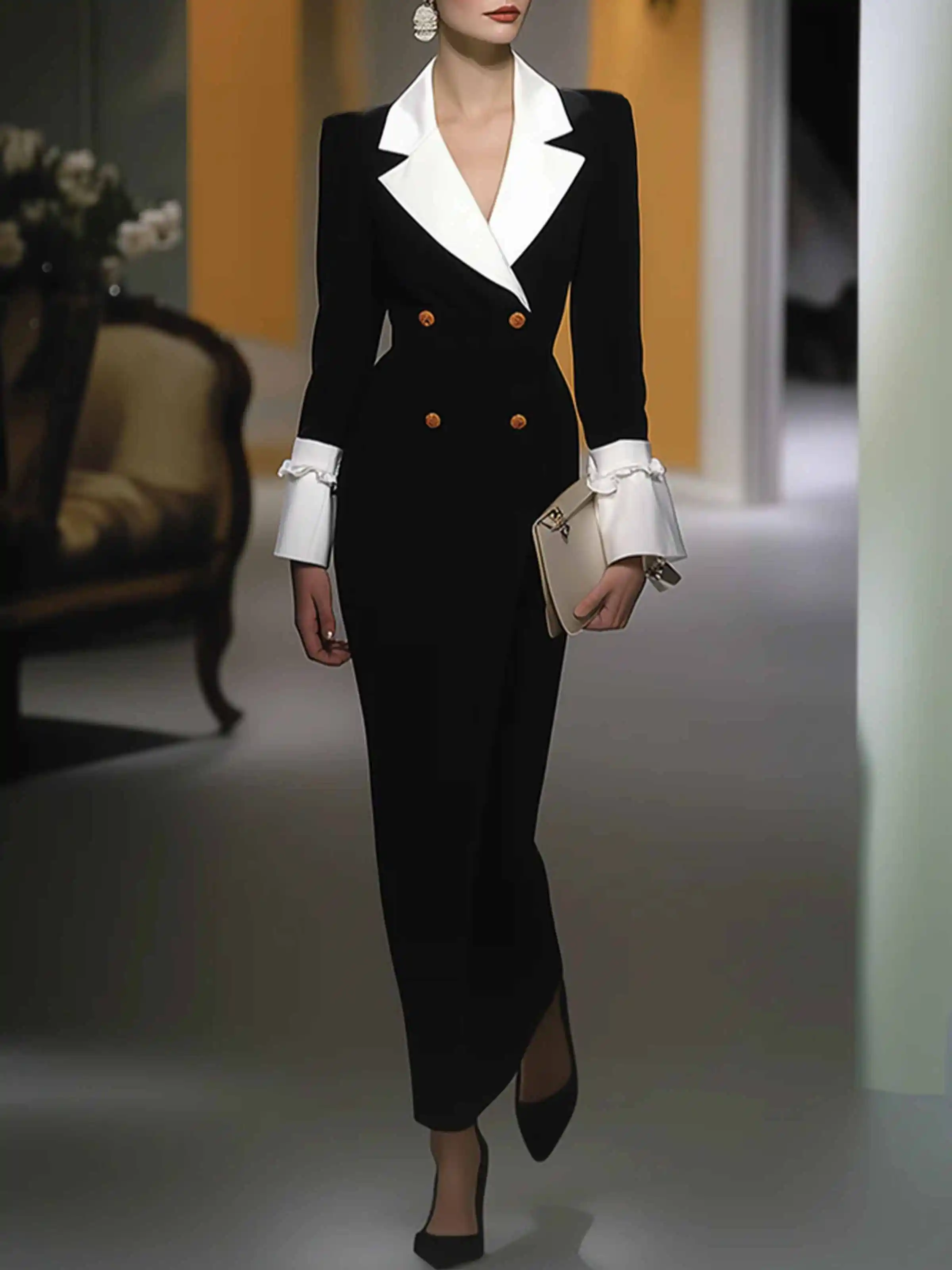 Customized Smart Women Double Breasted Long Coat Fashion Jacket Lady Prom Birthday Party Evening Formal Wear Outfits One Piece