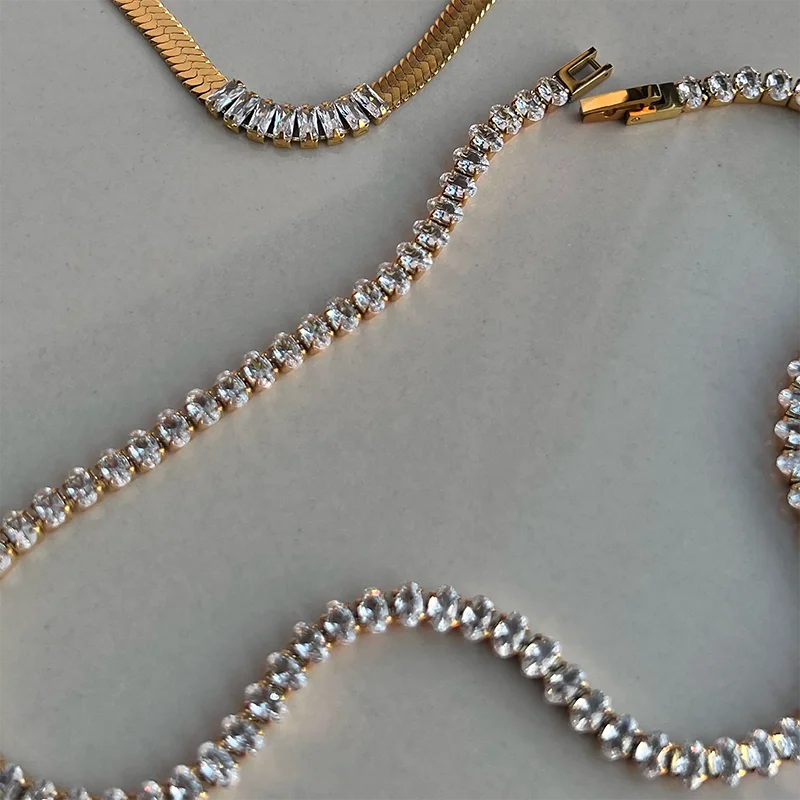 Oval cz stone tennis chain necklaces stainless steel necklaces for women minimalist dainty stainless steel non tarnish