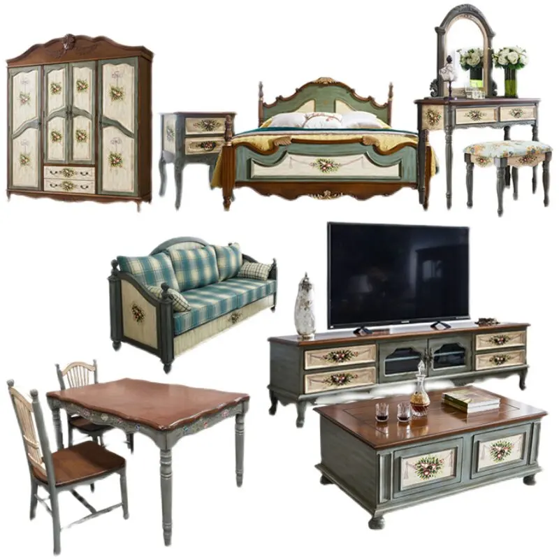 

American country bedroom living room dining room whole house set combination solid wood sofa coffee table TV cabinet