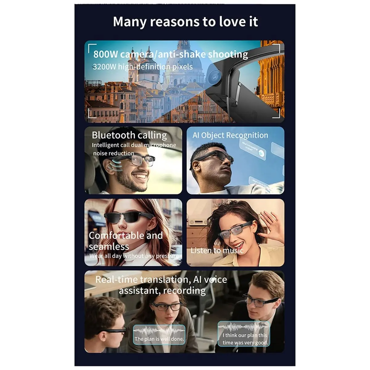 

Punctual- AI 4k Camera Smart Sunglasses Bluetooth Voice Call Music Smart Video Sound Record Translation Anti-Blue Light Glasses