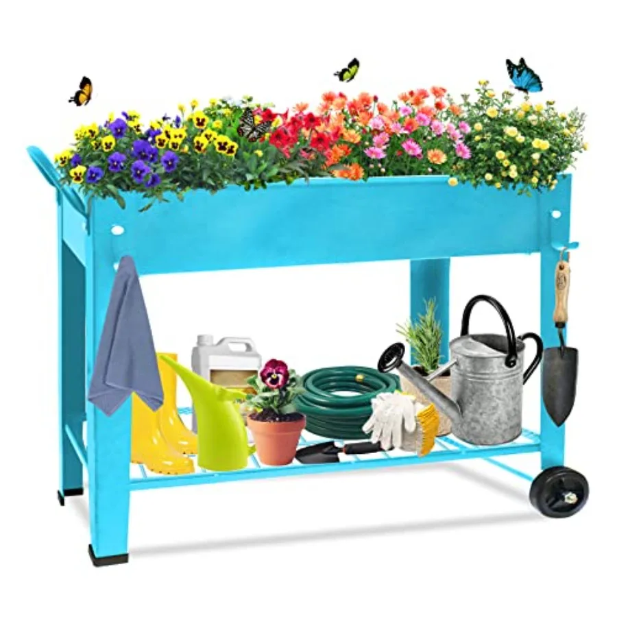 

Мобильная металлическая грядка-клумба на колесиках с ножками, приподнятая, для дома и улицы, большая, с нижней полкой