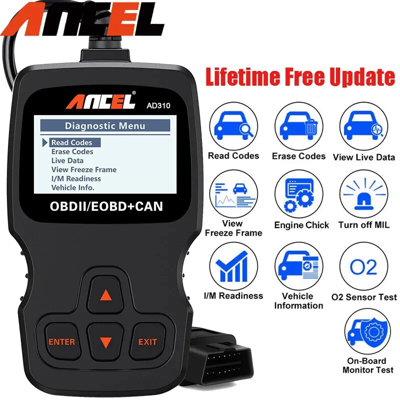 Ancel AD310 OBD2 Scanner Car Diagnostic Tool Code Reader Live Data Turn Off MIL OBDII Auto Diagnostic Scanner Multi-language