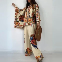 Ethnic Vintage Fashion Loose Printed Shirts Pants Sets Elegant Women Batwing Long Sleeve Single Breasted Shirt Wide Leg Pant