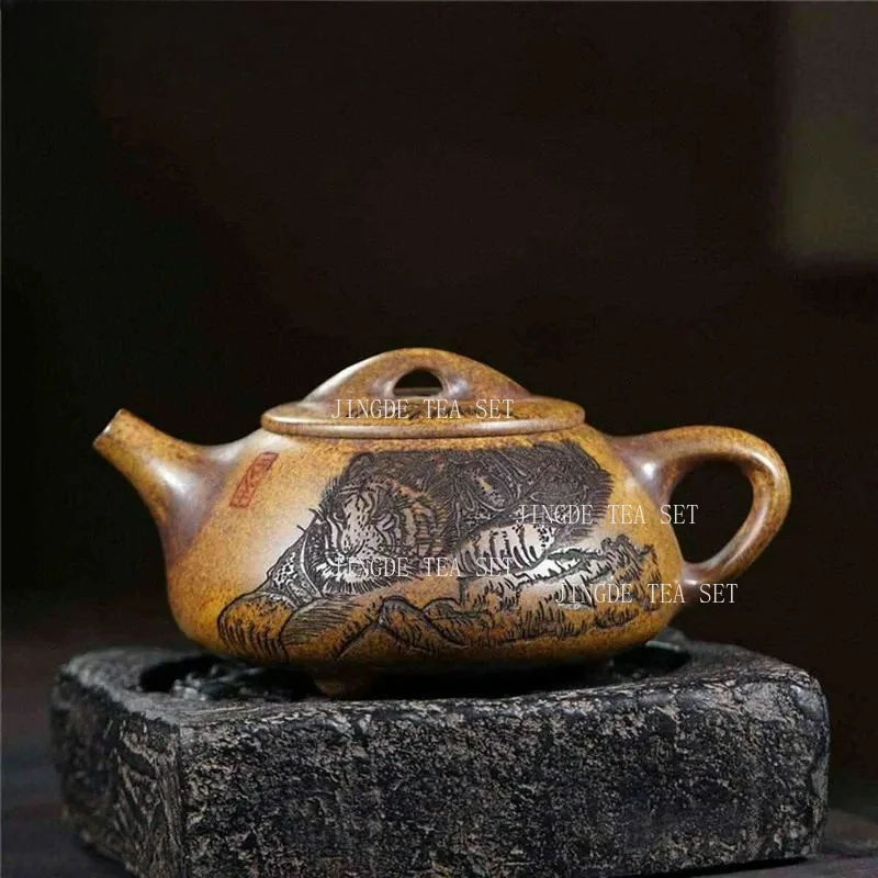 

540 мл Исинский фиолетовый глиняный чайник, ручная резная необработанная руда, печь дракона, деревянная глина, набор для чая кунг-фу
