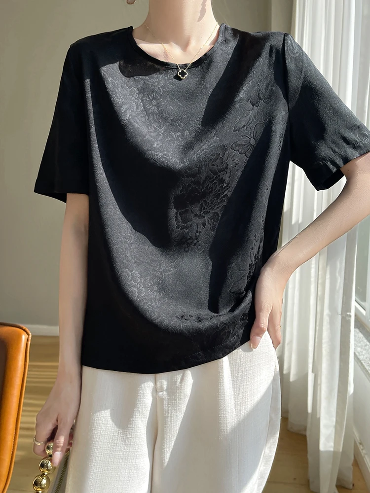 Women Summer Tee Tops Embossed Flowers Artificial Silk Satin Thin Smooth T-shirt Silky Crew Neck Simple Basic Y2k Tshirts Za