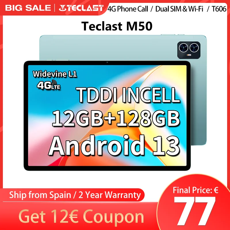 Teclast M50, (6 + 6)Max.12GB RAM 128GB ROM, 10,1 inch TDDI, UNISOC T606, 8 cores, Android 13 tablet PC, Mali G57 GPU, networks and calls 4G, dual WiFi GPS dual SIM card slots 13MP + 5MP