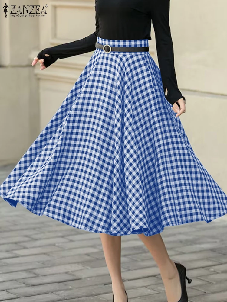 ZANZEA Vintage Office Lady Swing Overskirts Women High Waist Skirts 2024 Casual Plaid Printed Faldas Elegant Pocket A-line Jupes