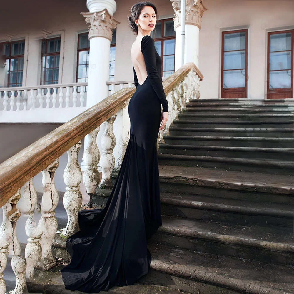 Elegante Simples Boat Neck Evening Dresses Black Satin Formal Prom Vestidos Mangas Compridas Open Back A-Line Sweep Train Party Dress