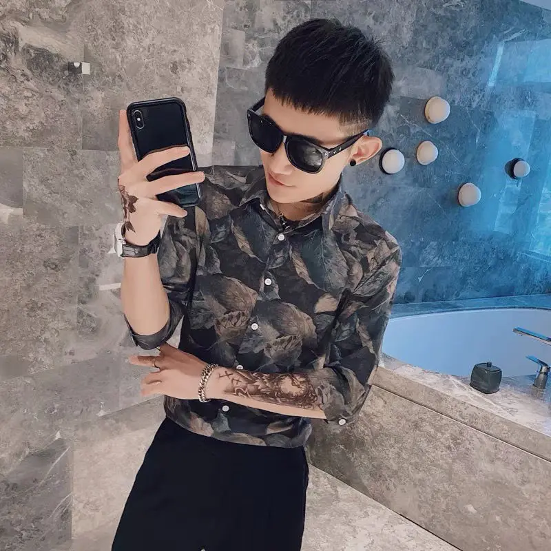 Casual Summer Floral Shirt Men's Fashionable Handsome Short Sleeve Five Points Brand New 2025 Trendy Youth  Shirt