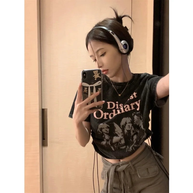 

Retro American ort Sve T-irt Women Summer New Design Spicy Girl Belly ow ort Top round Ne Korean Sle Loose Fit