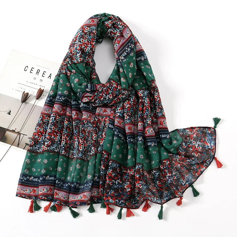 Bufanda de algodón viscosa para mujer, chales florales encantadores, bufandas finas con borlas, Pashmina, Foulard de calidad, novedad de otoño, 2023