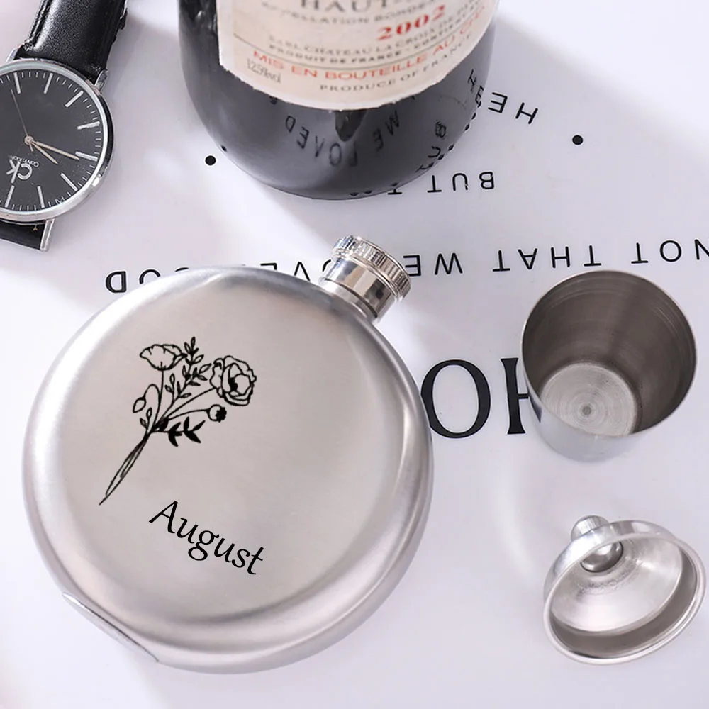 Custom Engraved Photo Round Stainless Steel Hip Flask Personalized Logo Pocket Whiskey Bottle Gift For Groomsmen Wedding Part