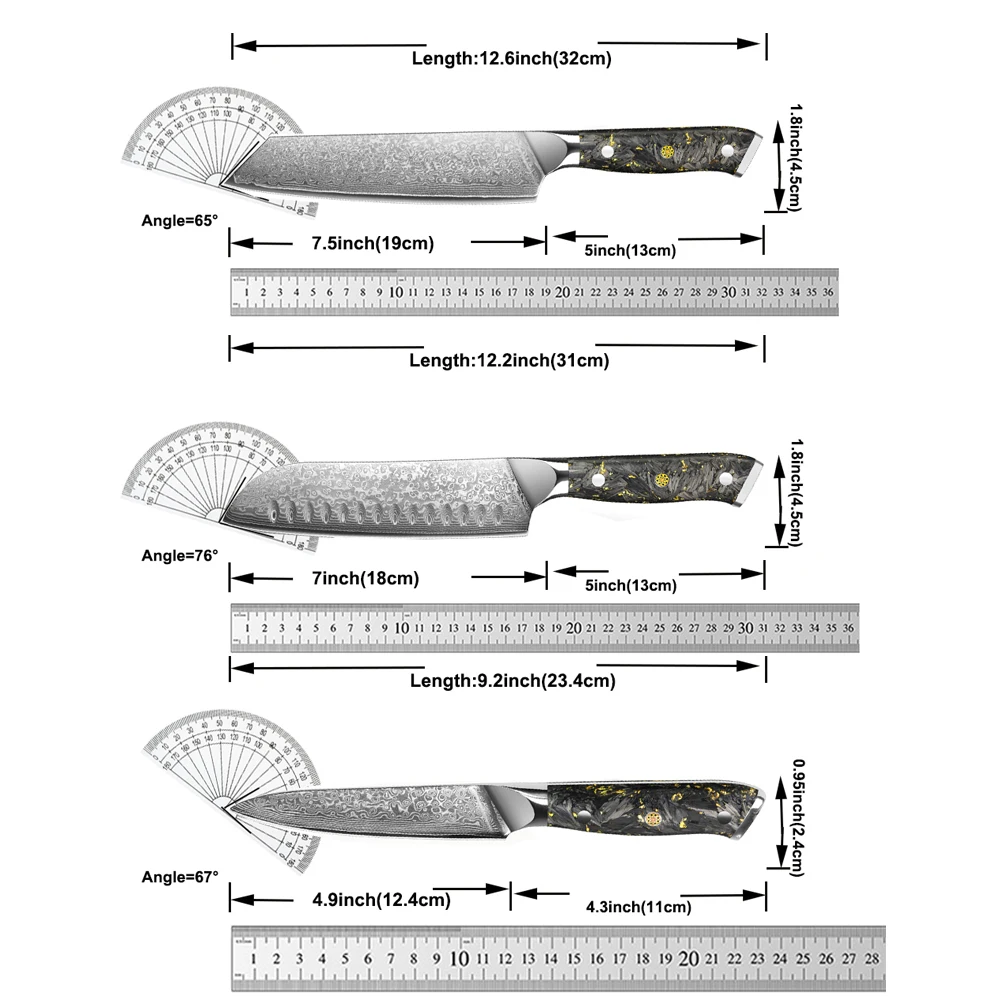 3-teiliges Damaszener Küchenmesser-Set, Kochmesser-Set mit Damaszener Stahl und VG10-Stahlkern, Ergonomischer Griff in Geschenkbox – Detail 5