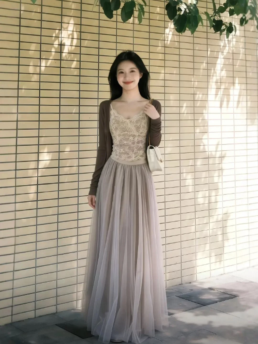 

Sweet School Uniform Style Three-Piece Set Women's Long Sleeve V-Neck Cardigan Sweater Strap Vest Mesh Skirt High Waist Skirt