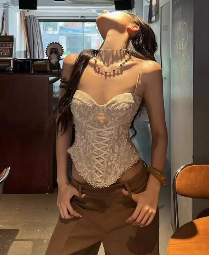 

AKYZO American Pure Desire Spicy Girl Style Chest Mat Tank Top Fashion Fishbone Pinch Waist Show Slimming Lace Strapless