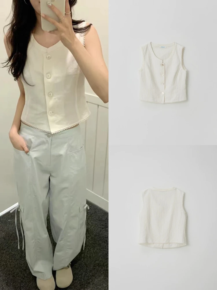 

Summer 2025 round Ne Button up Lace Svel Vest Pure Color Simple Sle Linen Women's Tank Top Faionable Trendy