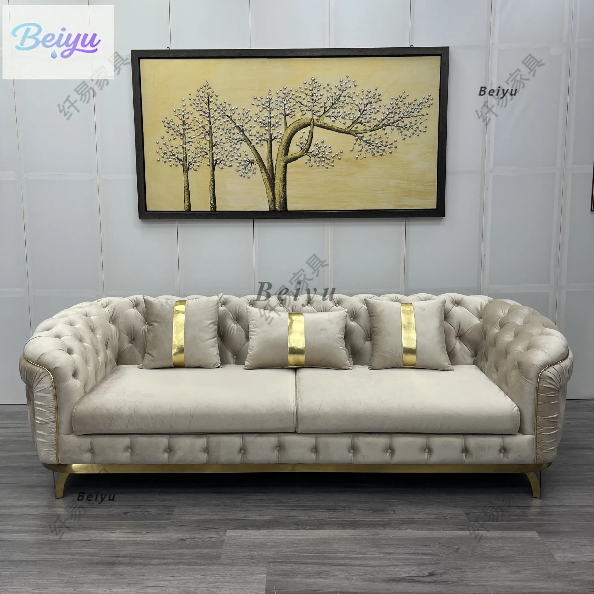 

Italian light luxury fabric sofa combination modern American minimalist velvet straight-breasted buckle large villa furniture