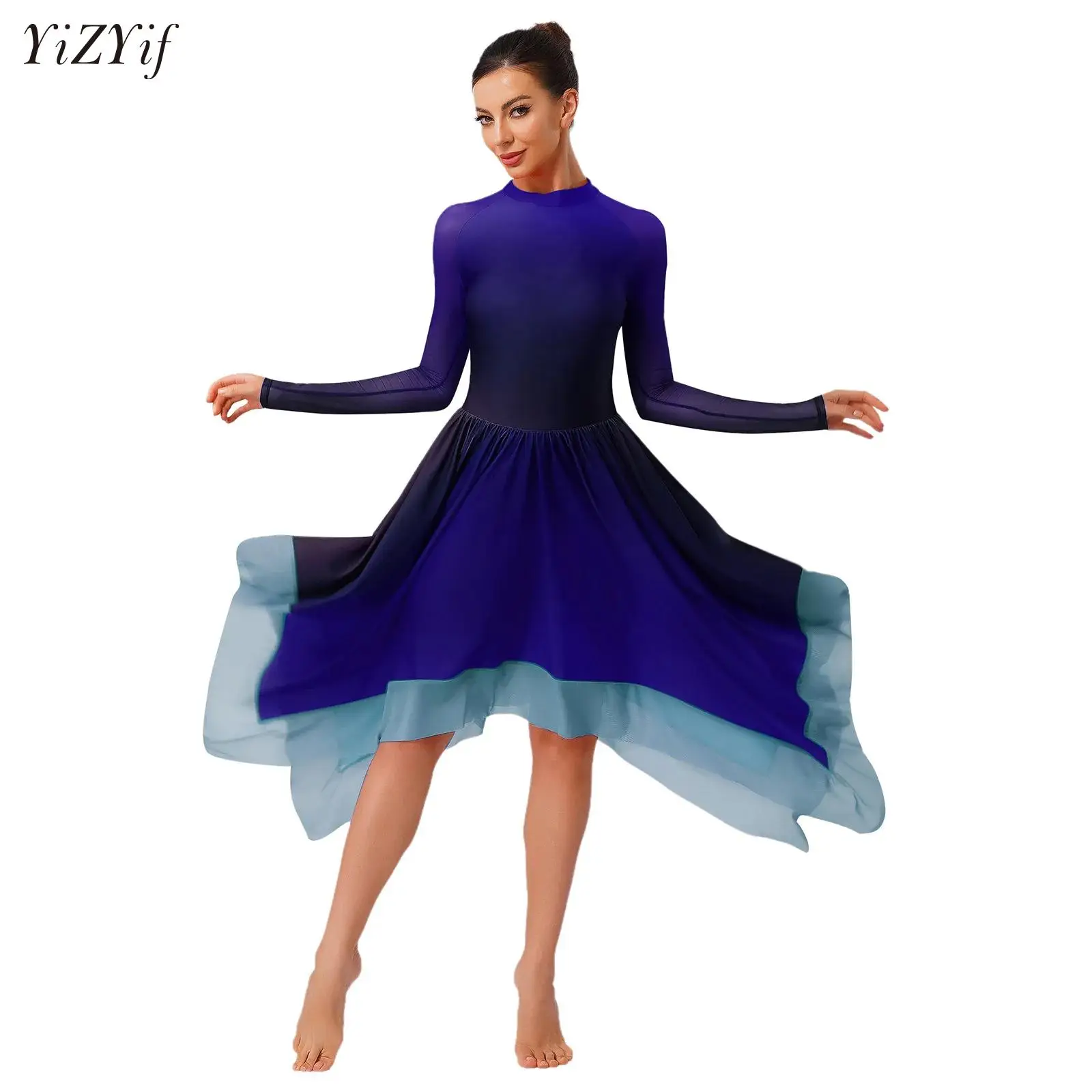 

Women's Figure Skating Competition Costumes Shiny Rhinestones Gradient Color Sheer Mesh Tulle Dress Lyrical Ballet Dance Leotard