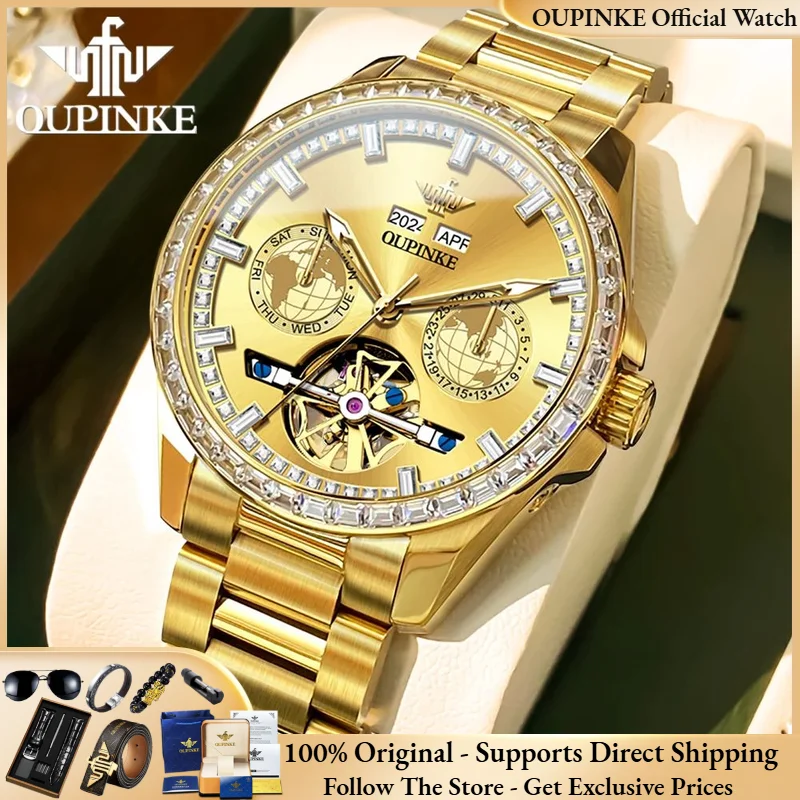 OUPINKE 3280 Men Watch Fashion Business Skeleton Diamond Gold Watch Brand Original Men All Automatic Mechanical Watch High Gift