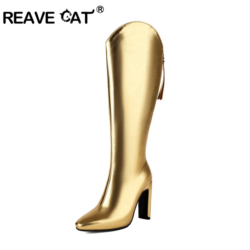 

REAVE CAT Punk 10cm Heel Fashion Knee Boots Wide Leg Autumn Winter Back Zip Antislip Shoes Big Size 46 47 48 US17 White Silver