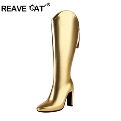 REAVE CAT 10cm stivali al ginocchio moda tacco gamba larga autunno scarpe antiscivolo taglia grande 46 47 48 US17 bianco