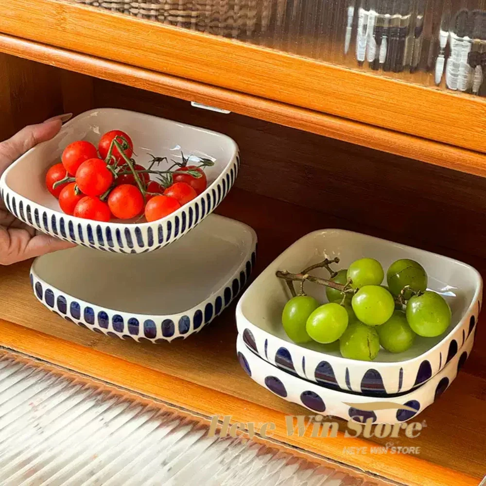 American Retro Style Snack Plate Fruit Plate, Home Hand-painted Underglaze Colored Ceramic Bowl, Salad Reducing Cold Mix Bowl