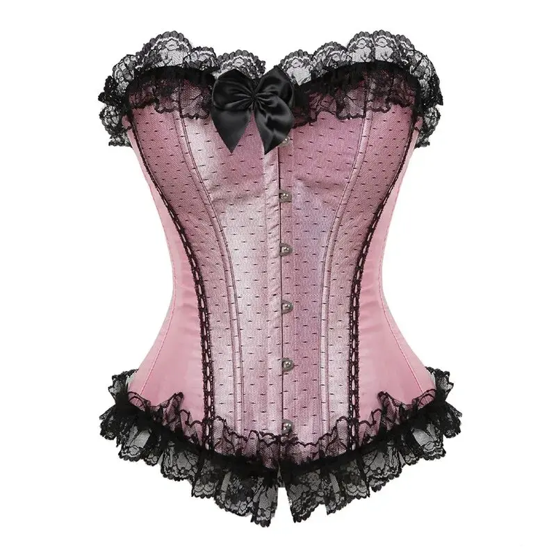 Pink Bustier Sexy Satin Overbust Corset Top Lace Bowknot Decorated Clubwear Showgirl Body Shaper Plus Size