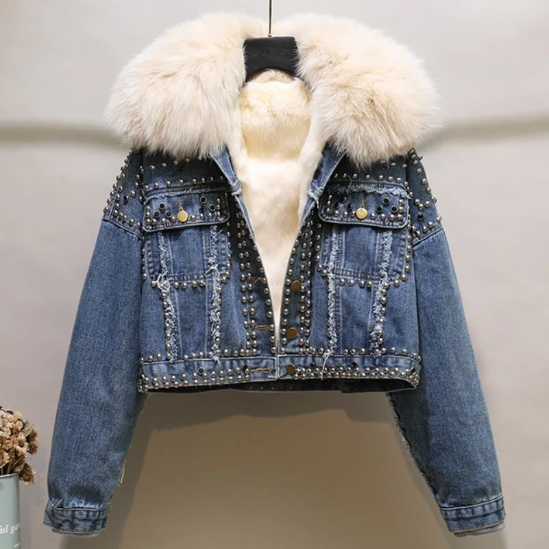 fur rivet cropped denim fox jacket korean jeans jacket women fashion jackets 2023 new winter thick loose veste femme