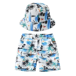New suit for boys and girls, college children's beef tendon waist beach shorts+same color hat casual children's wear
