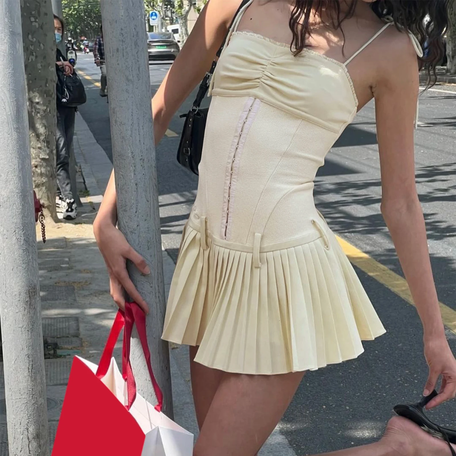 Women Y2k Corset Bustier Dress Sleeveless Backless Tie-up A Line Mini Dress Spaghetti Strap Slim Short Pleated Dress Party Club