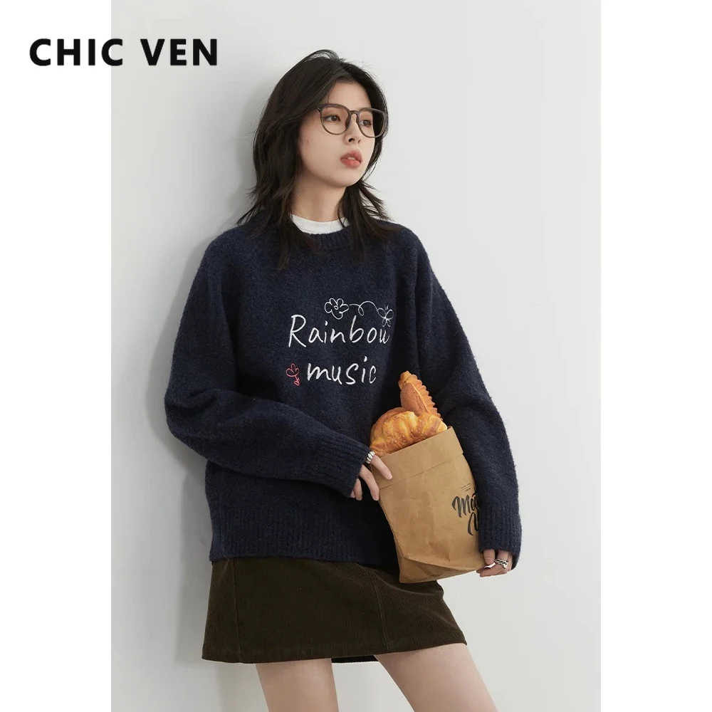 

CHIC VEN Women Sweaters Casual Loose O-neck Letter and Flower Embroidered Jumpers Female Knitted Pullover Autumn Winter New 2025