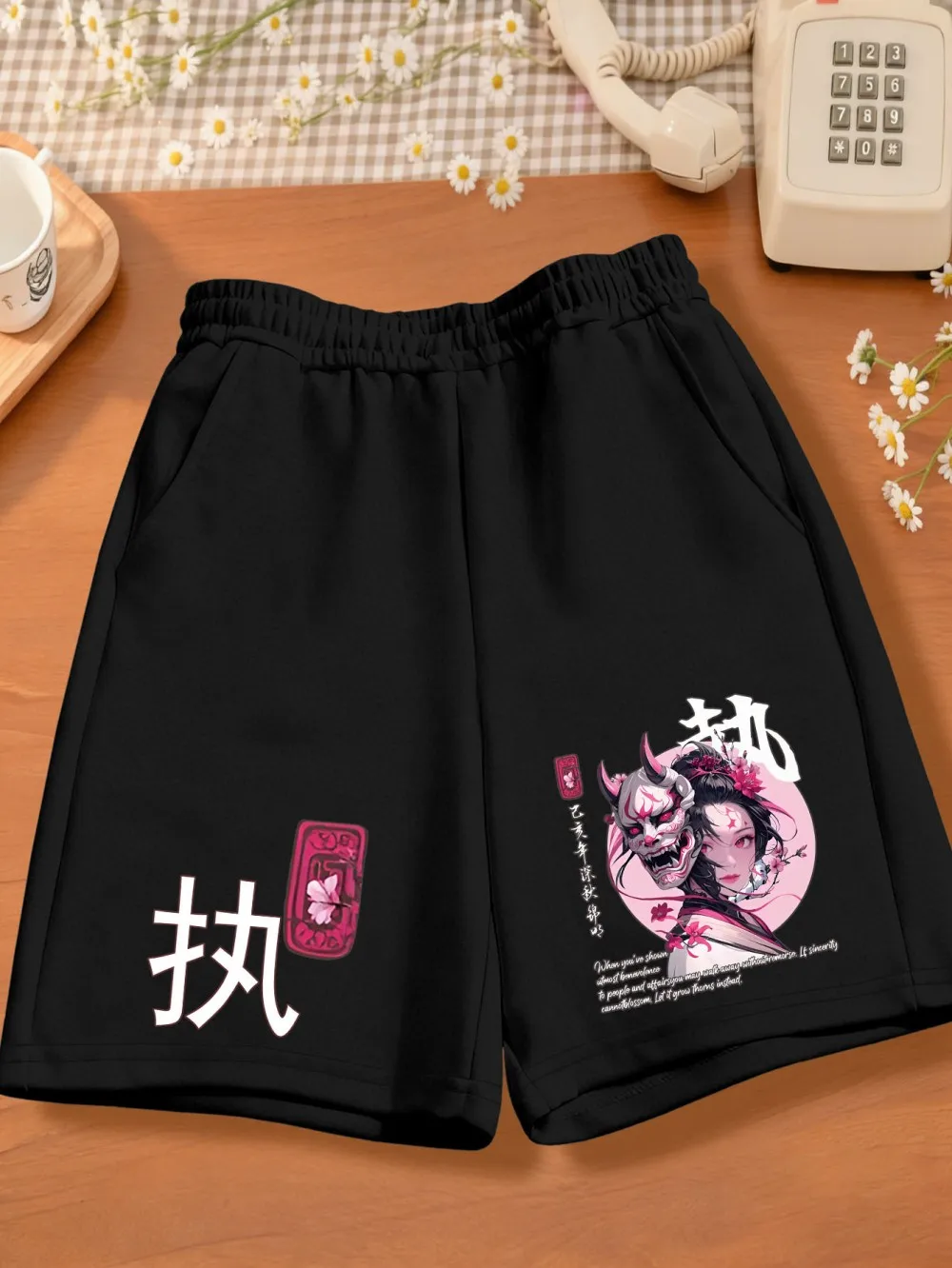 Hot selling men's summer ghost girl cherry blossom print comfortable breathable drawstring shorts outdoor street pants