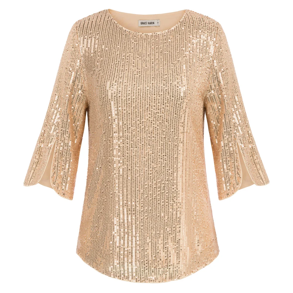 

GRACE KARIN Sparkle Sequin Party Blouse Shimmer Glitter 3/4 Slit Sleeve Dressy Tops Elegant Lady Summer Sparkle Shim T-shirt A30