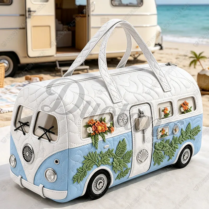 Retro Vintage Bus-Shaped Handbag for Travel 2D Flat Quilted Bouquet Flowers and Plants Pattern Women Duffle Totes Shoulder Bags