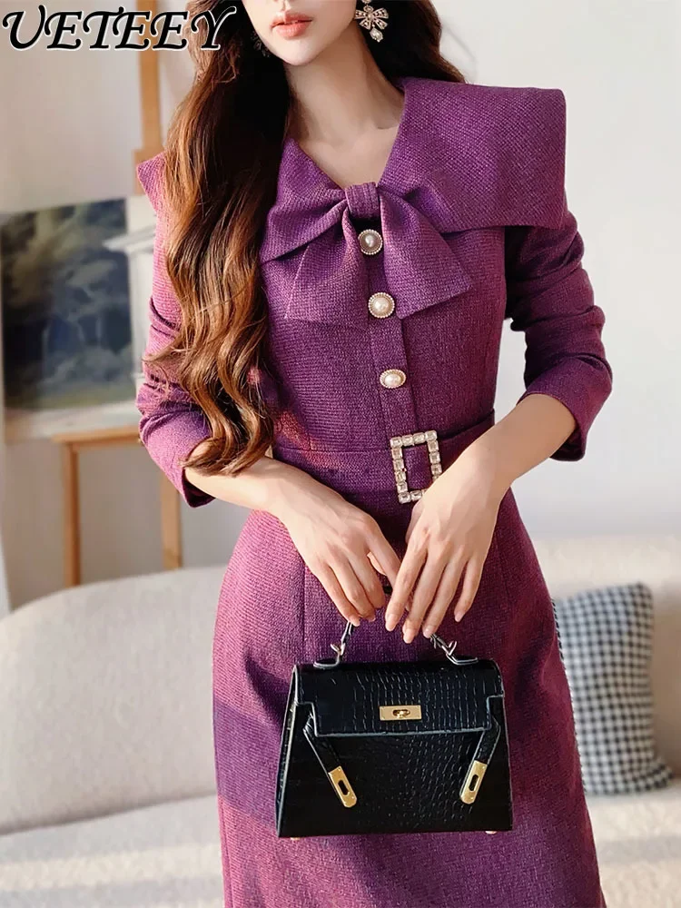 French Elegant Bow Collar Slim Waist Dress Women's Spring and Autumn Temperament New Long-sleeved Purple Mid-length Dresses