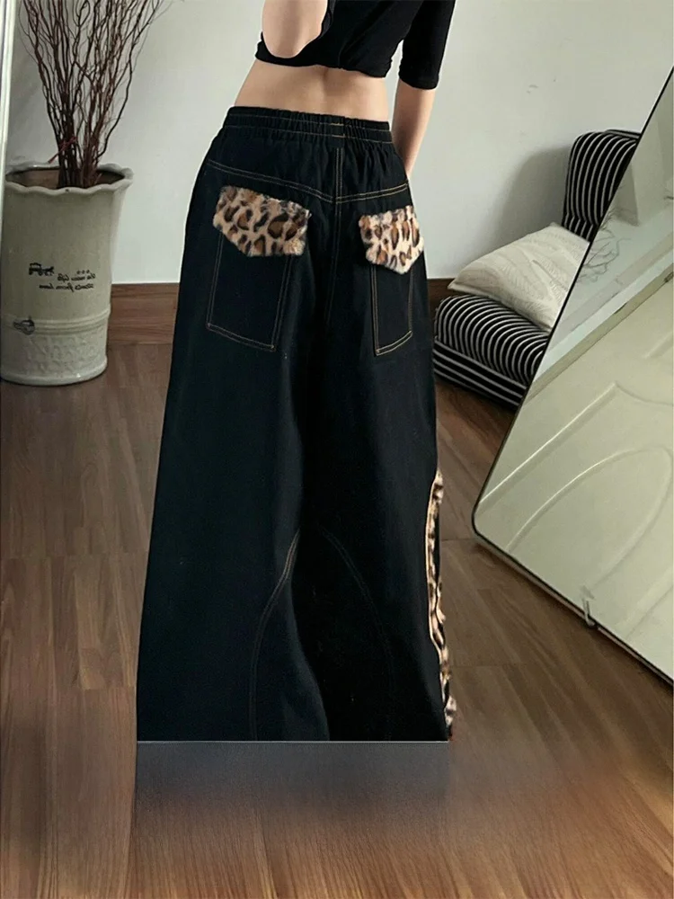 Jean droit à imprimé léopard de style américain pour femmes, automne-hiver, nouveau, taille haute, ample, jambes larges, pantalon long