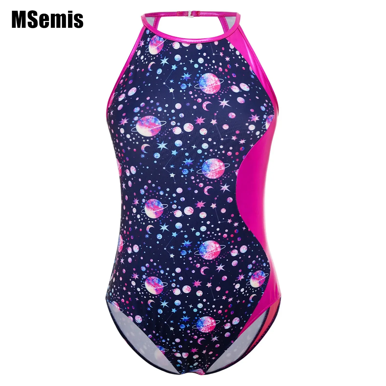 

Kids Girls Printed Leotard Metallic Patchwork Cutout Back Sleeveless Bodysuit for Dancing Tumbling Leaping Gymnastics