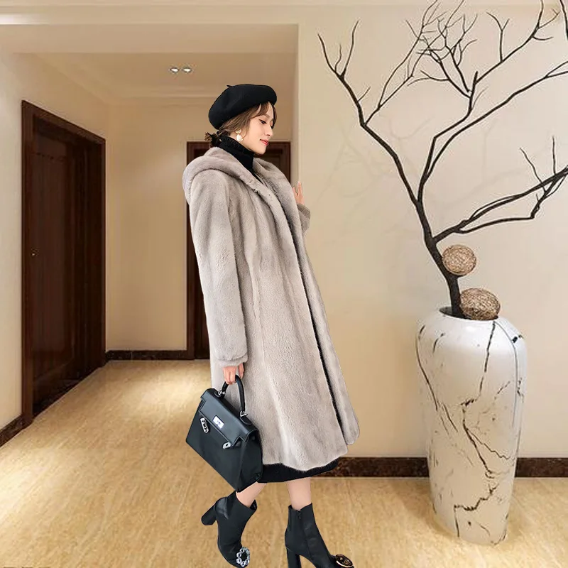 Casaco de vison de veludo para mulheres, o novo importado, inteiro, longo, inverno de 2023 Haining Mink Fur Coat, Haining