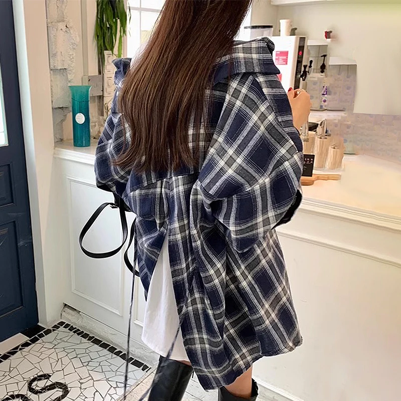 

Retro Chic Plaid Long Sve irt with Belt Single Button Loose Fit Korean Sle Commute Autumn 2023 Women's Premium Faion