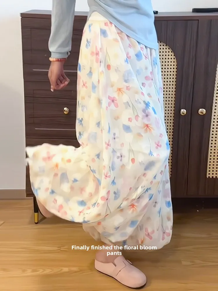   아이스 실크 하이웨이스트 플라워 버드 스커트 팬츠 여성 여름 신상 디자인 플로럴 페어리 쿨 쿨 팬츠 캐주얼 스트레이트 레그