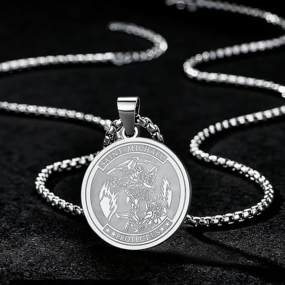 Round Archangel Michael Medal Pendant Necklace Black Color Stainless Steel Box Chain Necklace For Women Catholic Protection Mens