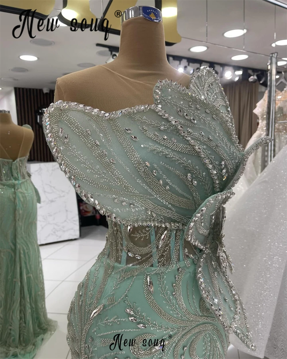 Long Mint Green Crystals Leaf Prom Dresses Aso Ebi Couture Fashion Formal Wedding Party Gowns for Women Second Reception Dress