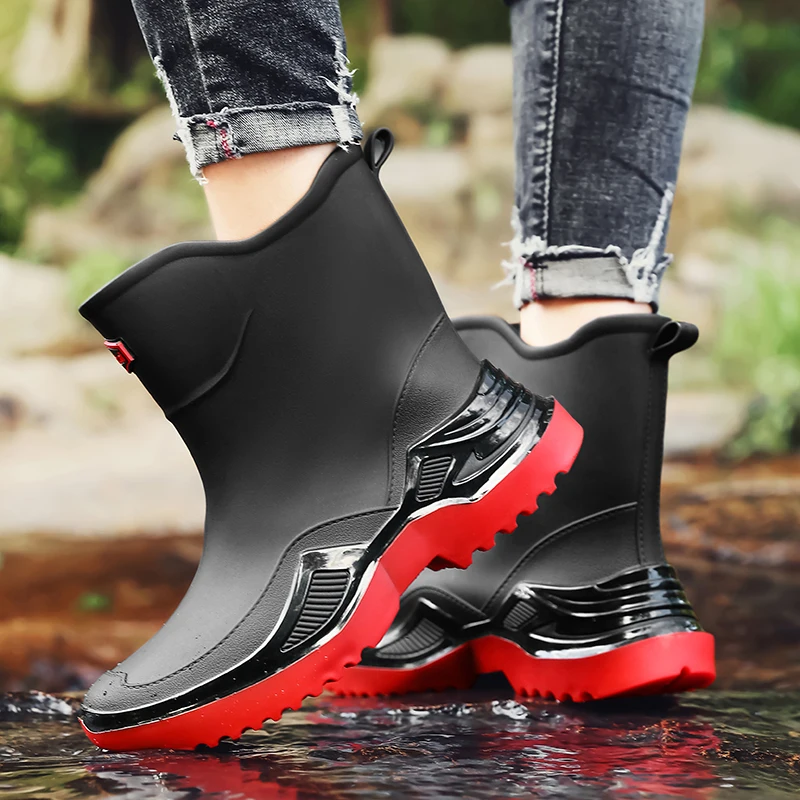 2026 New Summer Men's Mid-Calf Rain Boots, Multi-Color Sport Style Rubber Shoes, Waterproof Non‑Slip Outdoor Fishing Boots