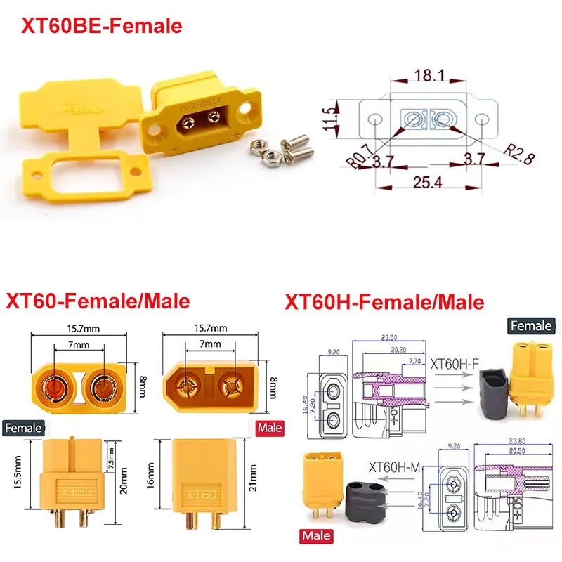 XT60BE–Female to Male XT60 Mountable Connector Cable, with 12 AWG Silicone Wire, Suitable for Remote Control Batteries and Charg